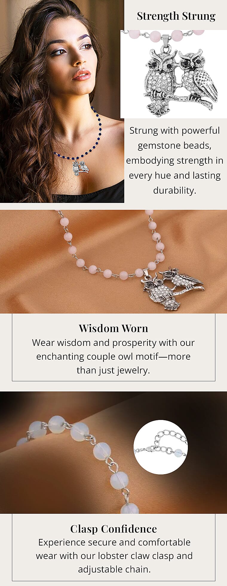 Galilea Rose Quartz, White and Black Austrian Crystal Owl Couple NecklaceBanner