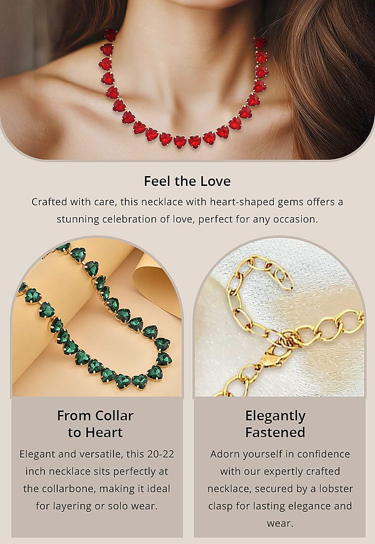 Red Color Glass Heart Necklace 20-22 Inches in Goldtone Banner