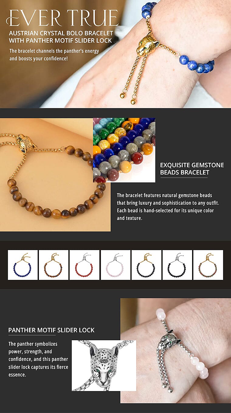 Ever True Austrian Crystal Bolo Bracelet with Panther Motif Slider Lock Banner