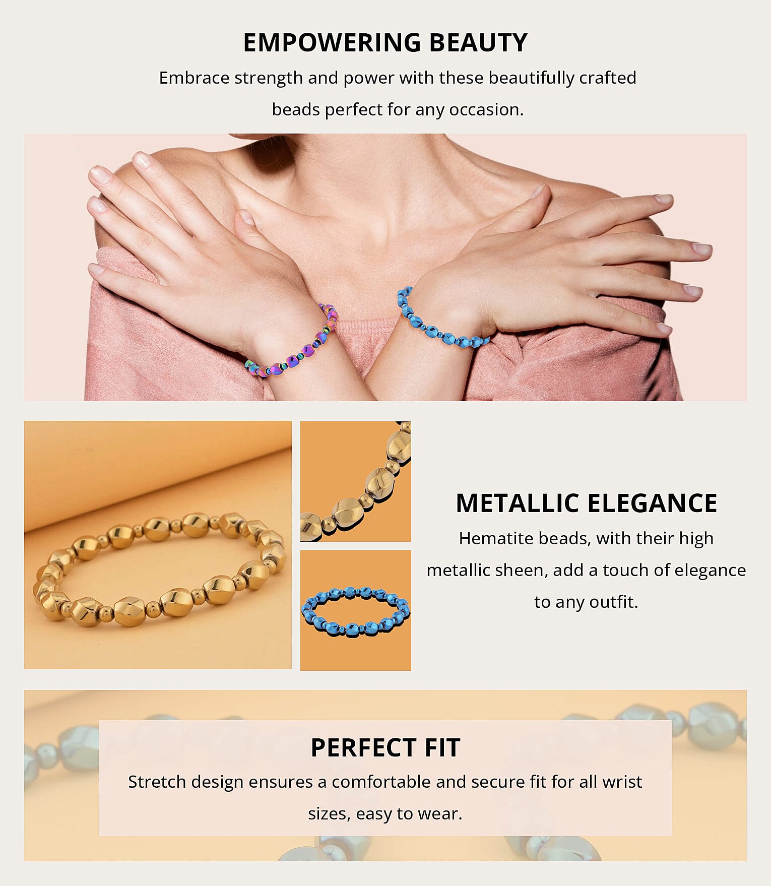 Blue Plated Hematite Beaded Stretch Bracelet Banner