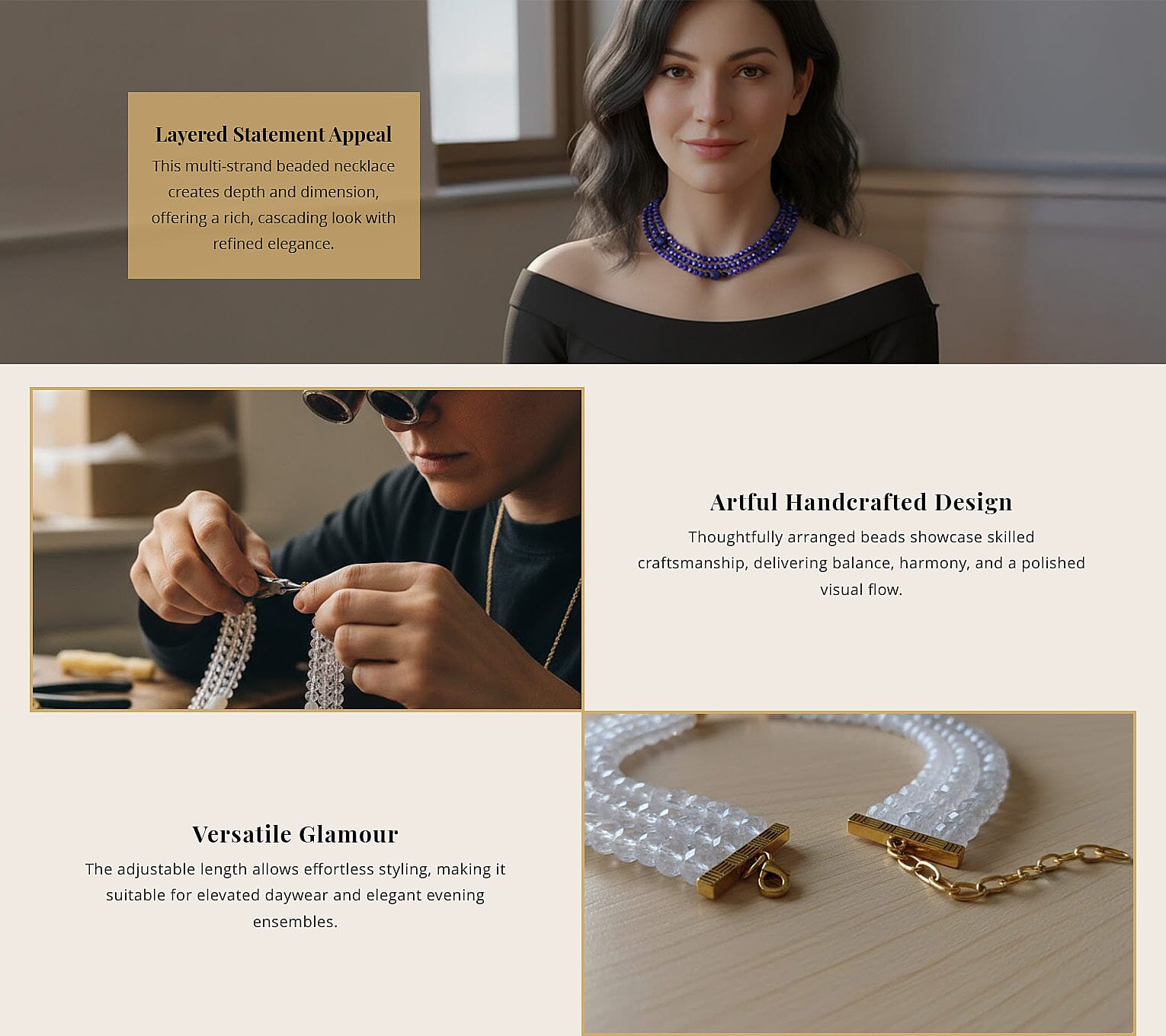 Lapis Lazuli and Blue Glass Beaded Multi Strand Necklace 20-22 Inches in Goldtone 15.00 ctw Banner