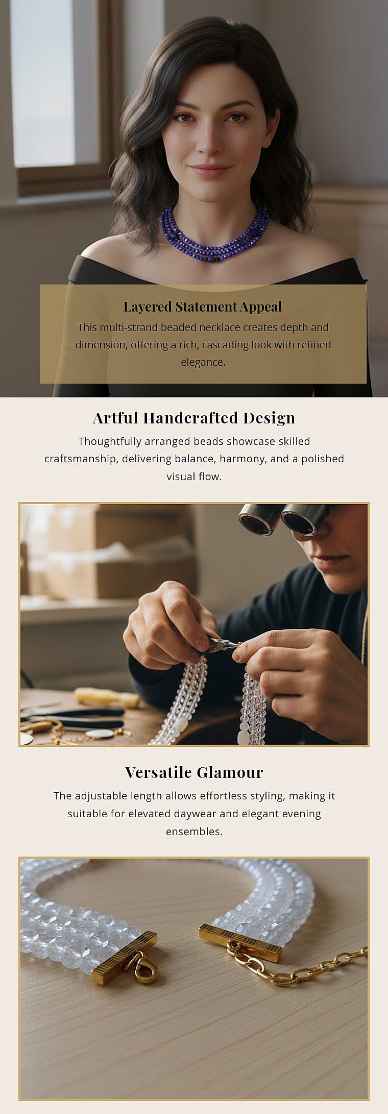 Lapis Lazuli and Blue Glass Beaded Multi Strand Necklace 20-22 Inches in Goldtone 15.00 ctw Banner