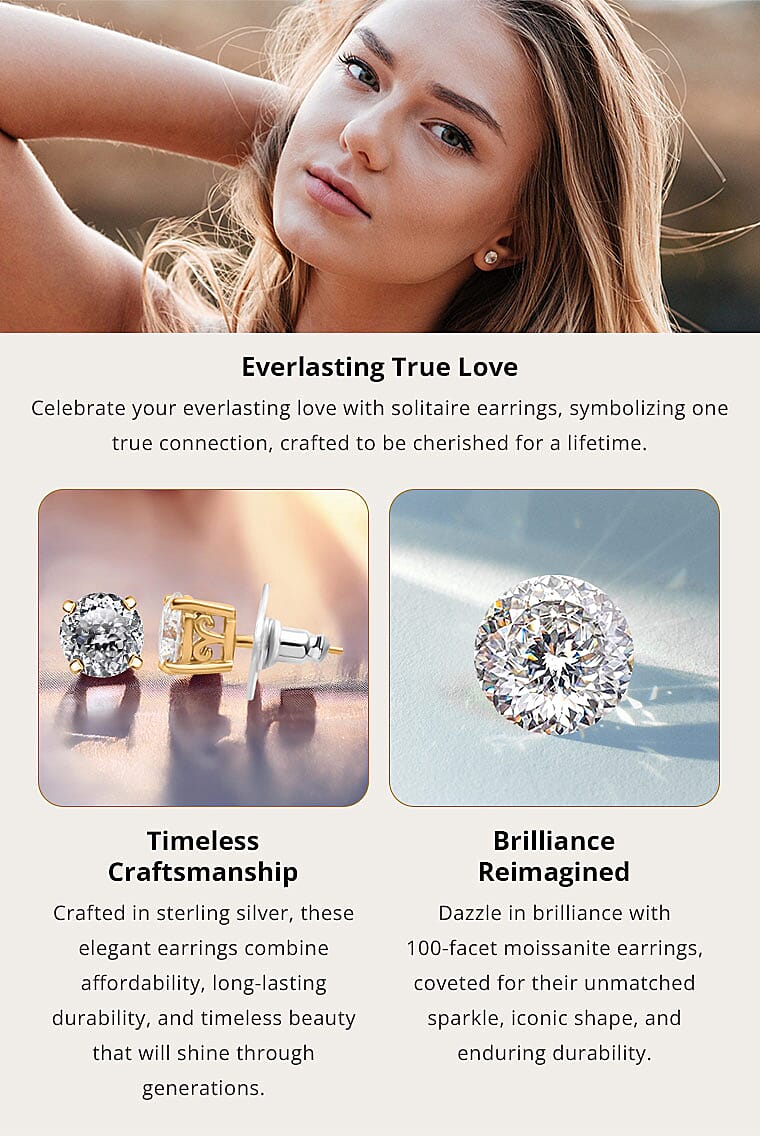 100 Facet Moissanite Solitaire Stud Earrings, Vermeil Yellow Gold Over Sterling Banner