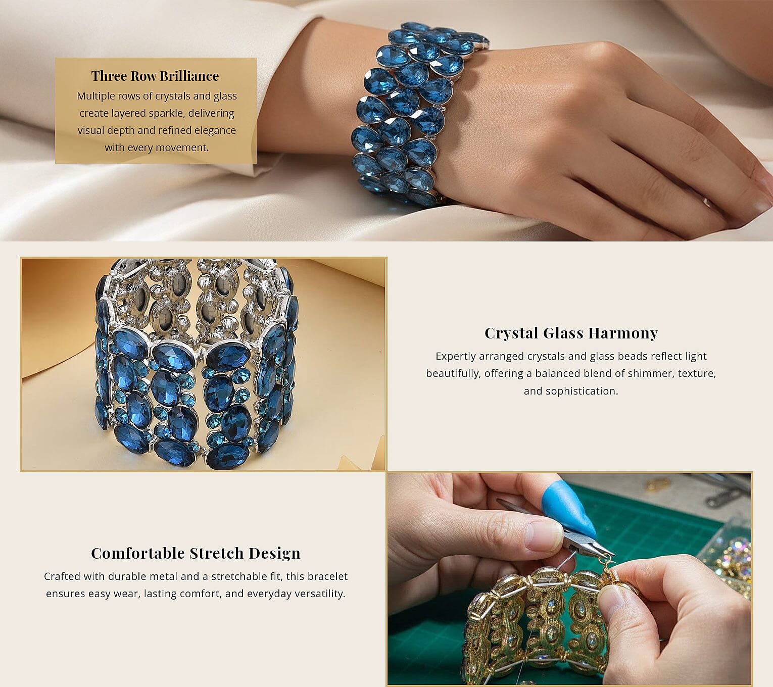 Blue Glass 3 Row Bracelet in Silvertone (6.50-7.0In) Banner