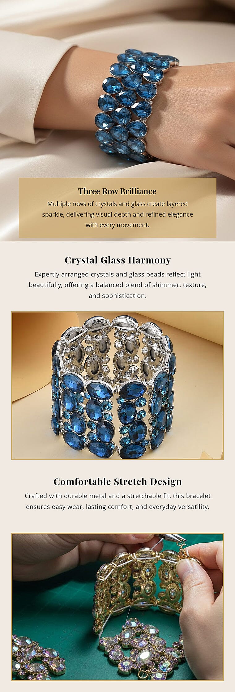 Blue Glass 3 Row Bracelet in Silvertone (6.50-7.0In) Banner