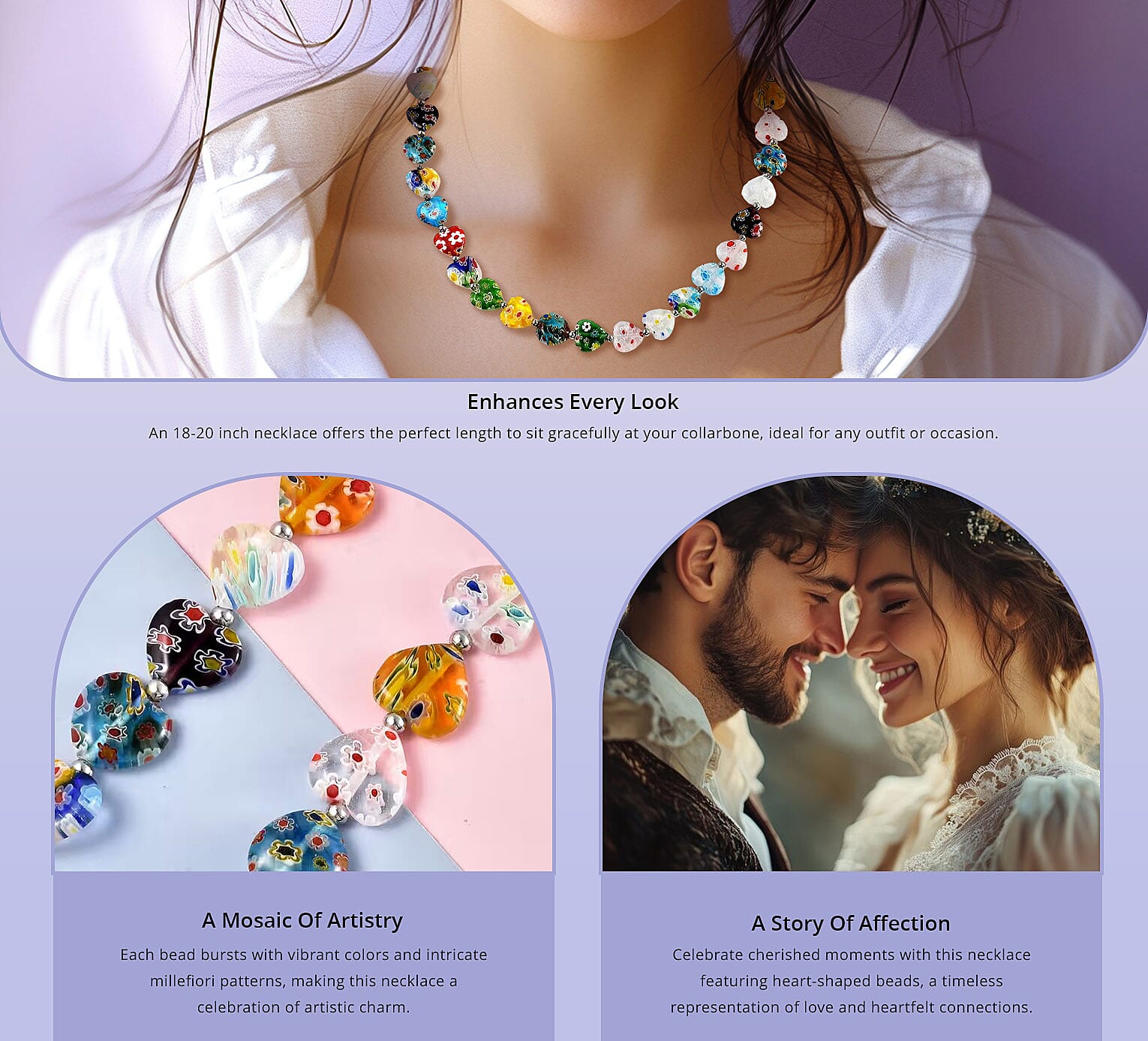 Multi Color Murano Style Heart Beaded Necklace in Stainless Steel Banner