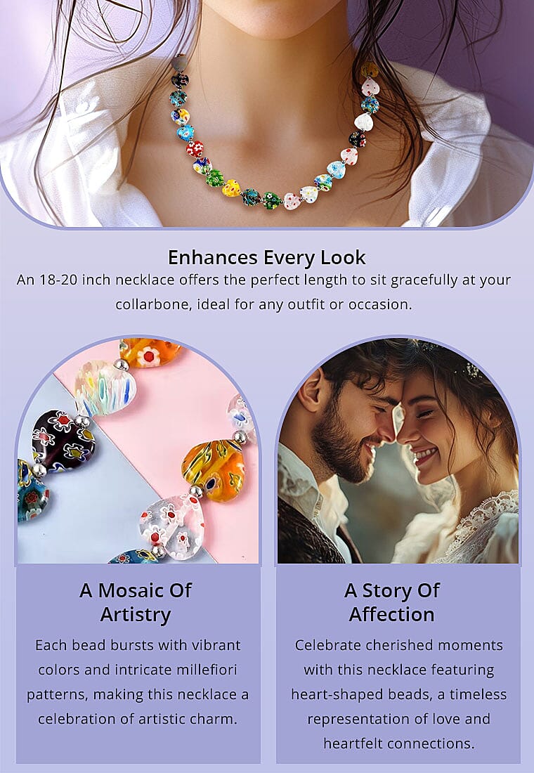 Multi Color Murano Style Heart Beaded Necklace in Stainless Steel Banner