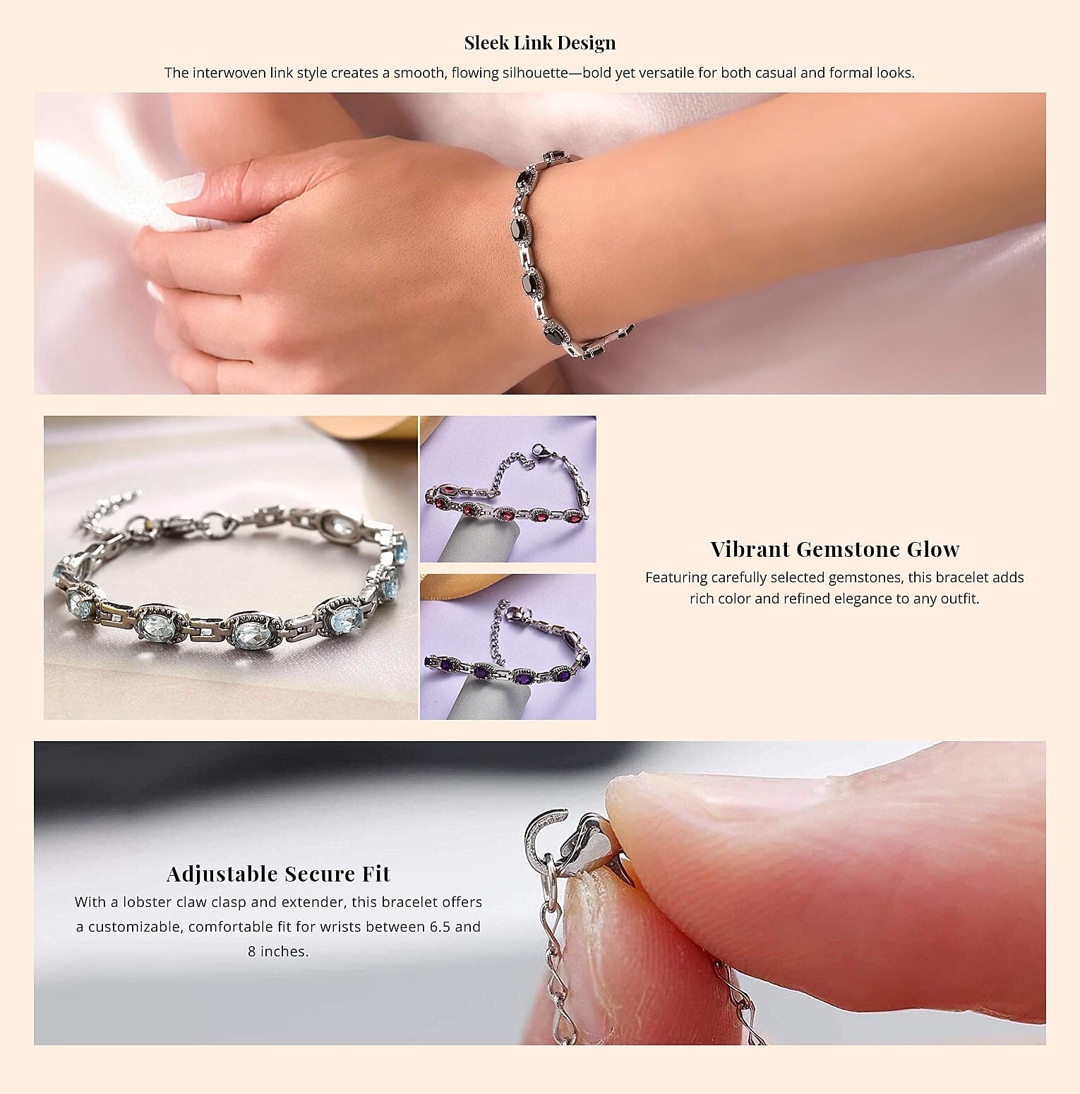 Thai Black Spinel Link Bracelet in Stainless Steel Banner