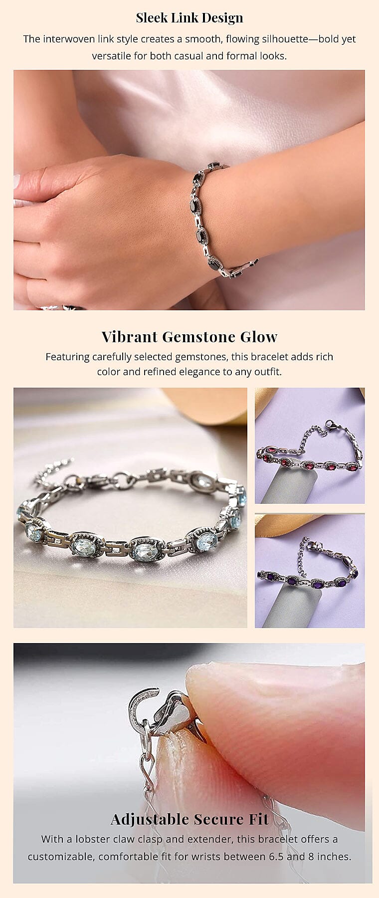 Thai Black Spinel Link Bracelet in Stainless Steel Banner