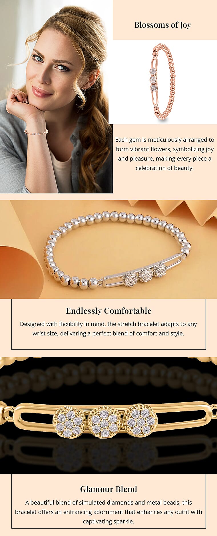 Simulated Diamond, Silvertone Beaded Stretch BraceletBanner