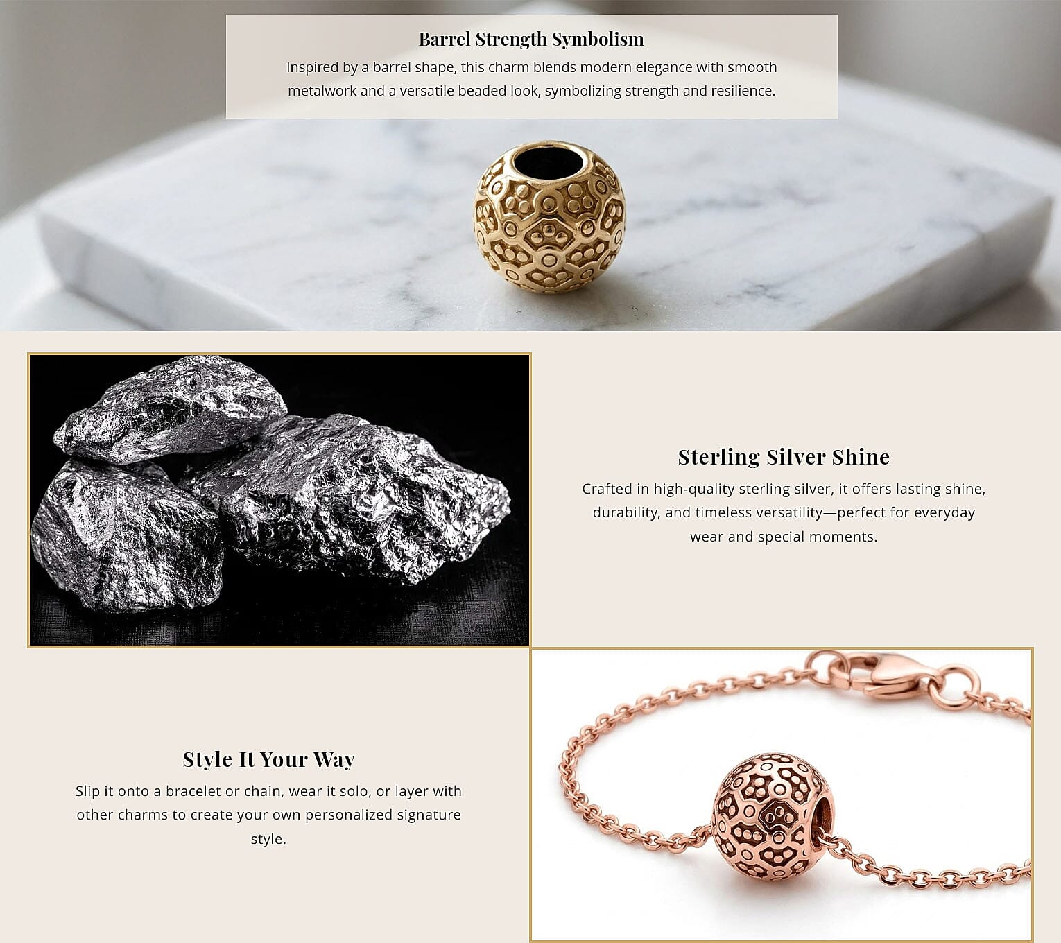 Barrel Shape Beaded Charms in 14K Rose Gold Over Sterling Silver Banner