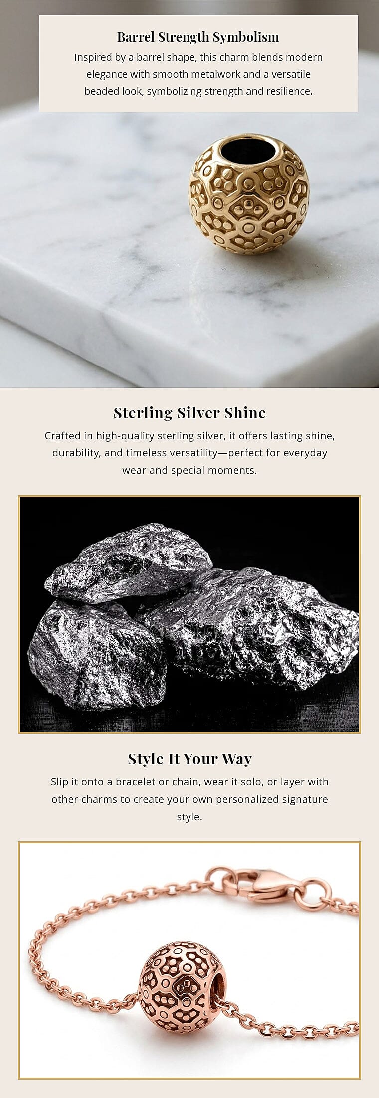 Barrel Shape Beaded Charms in 14K Rose Gold Over Sterling Silver Banner