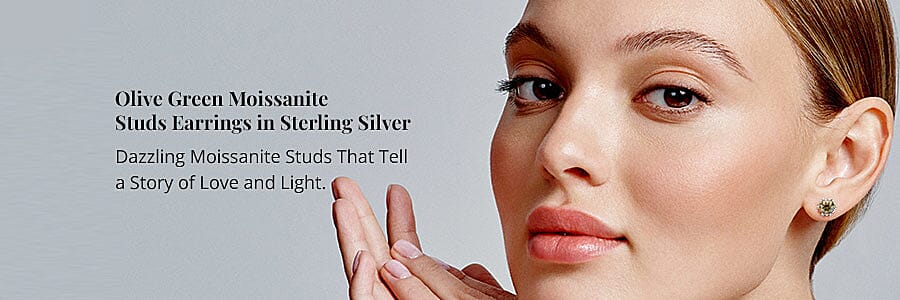 Olive Green Moissanite Studs Earrings in Sterling Silver Banner