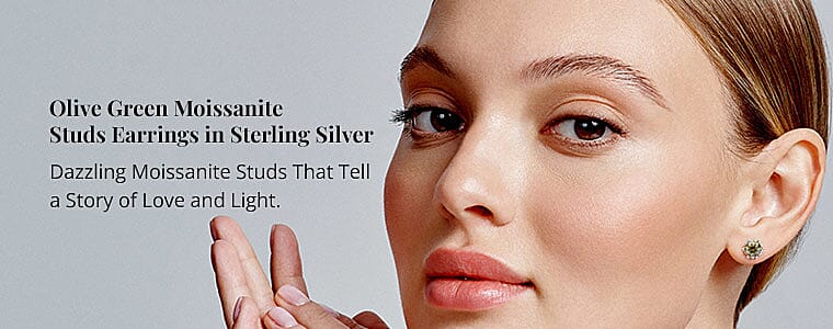 Olive Green Moissanite Studs Earrings in Sterling Silver Banner