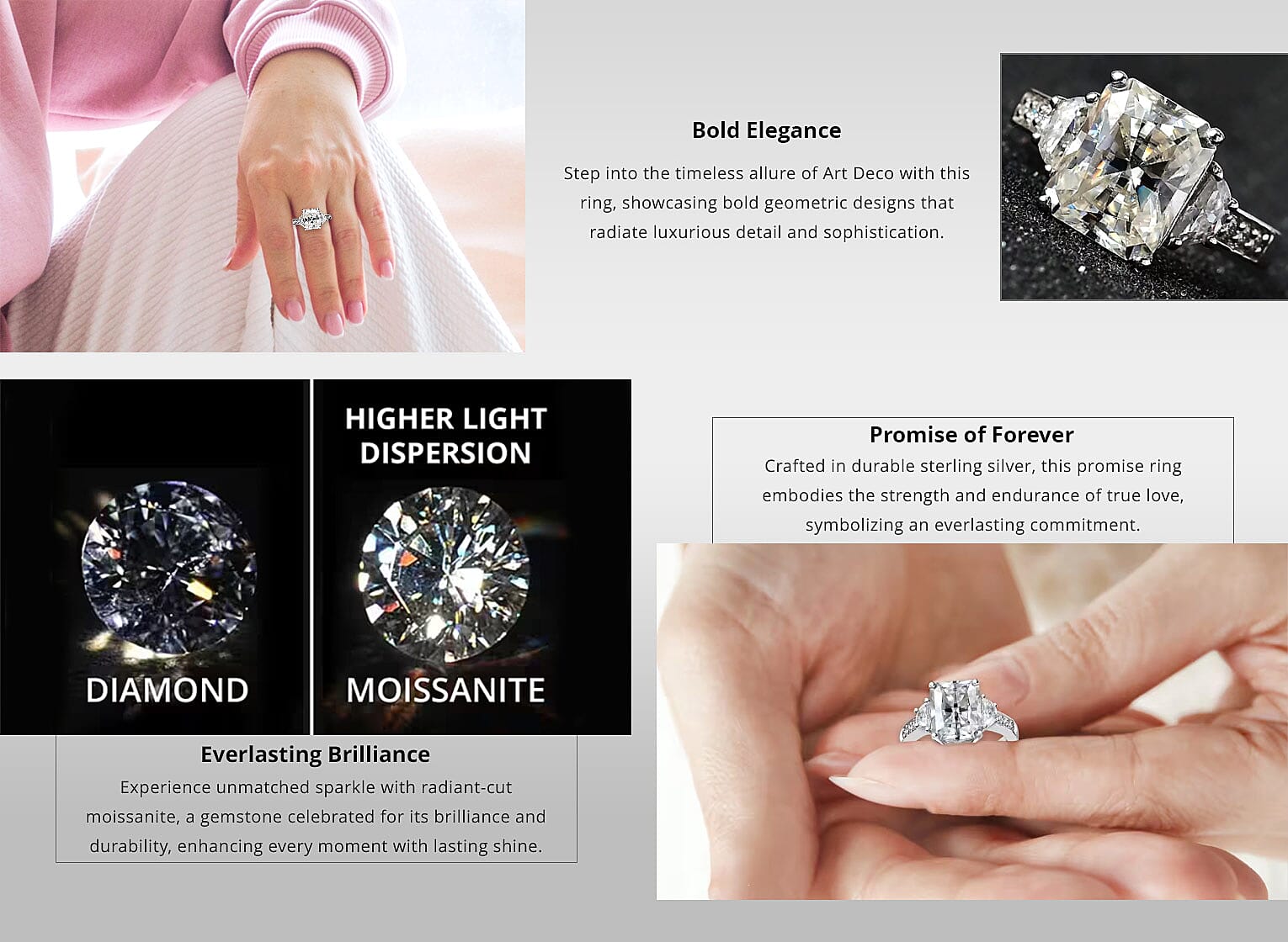 Radiant Cut Moissanite 3.90 ctw Ring , Moissanite Deco Ring , Rhodium Over Sterling Silver Ring Banner