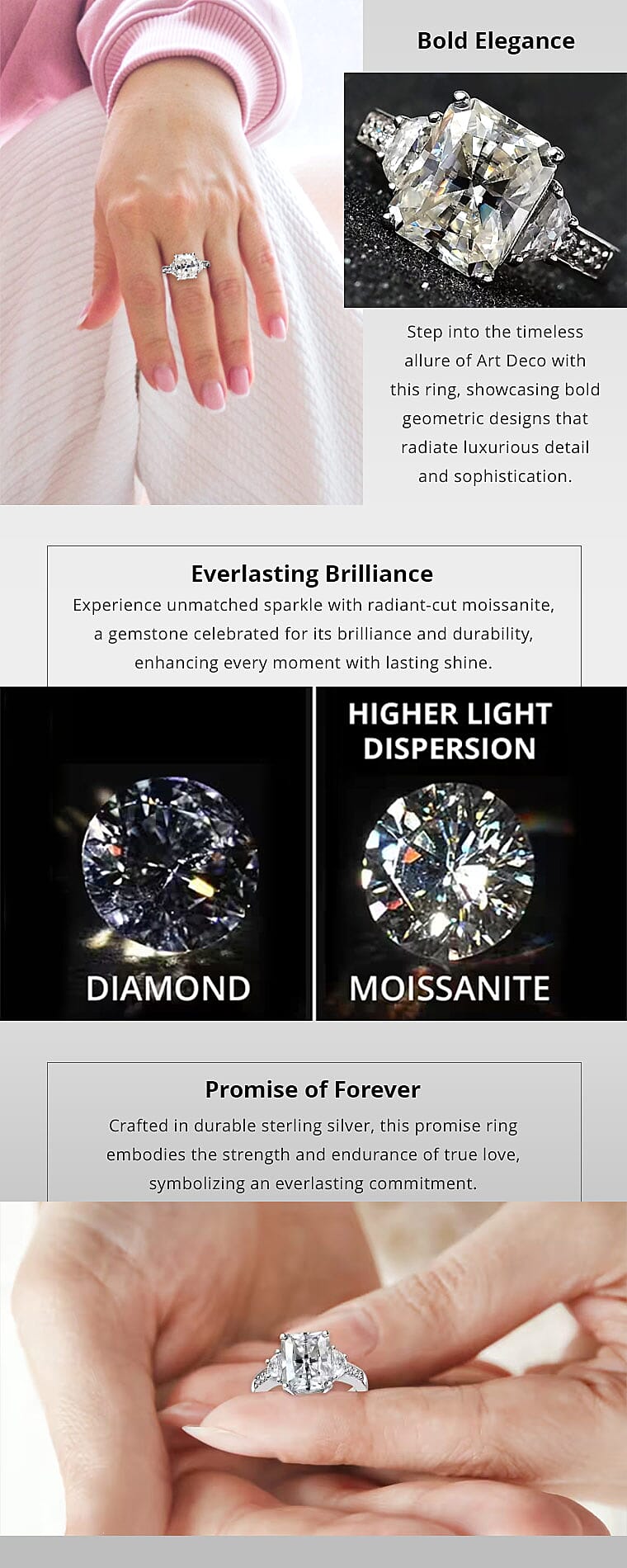 Radiant Cut Moissanite 3.90 ctw Ring , Moissanite Deco Ring , Rhodium Over Sterling Silver Ring Banner