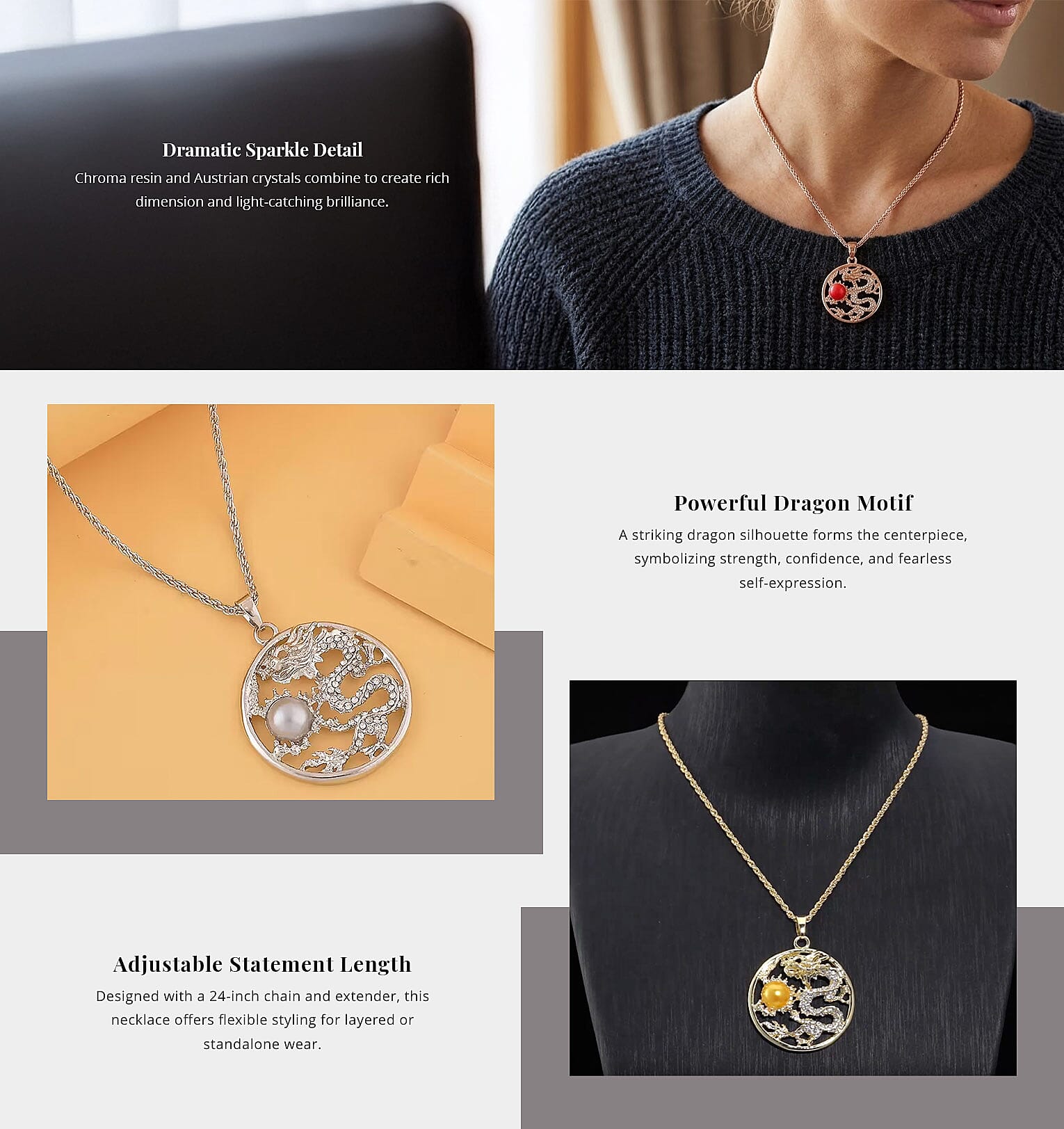 Red Chroma and Austrian Crystal Dragon Pendant Necklace in Rosetone 24-26 Inches Banner