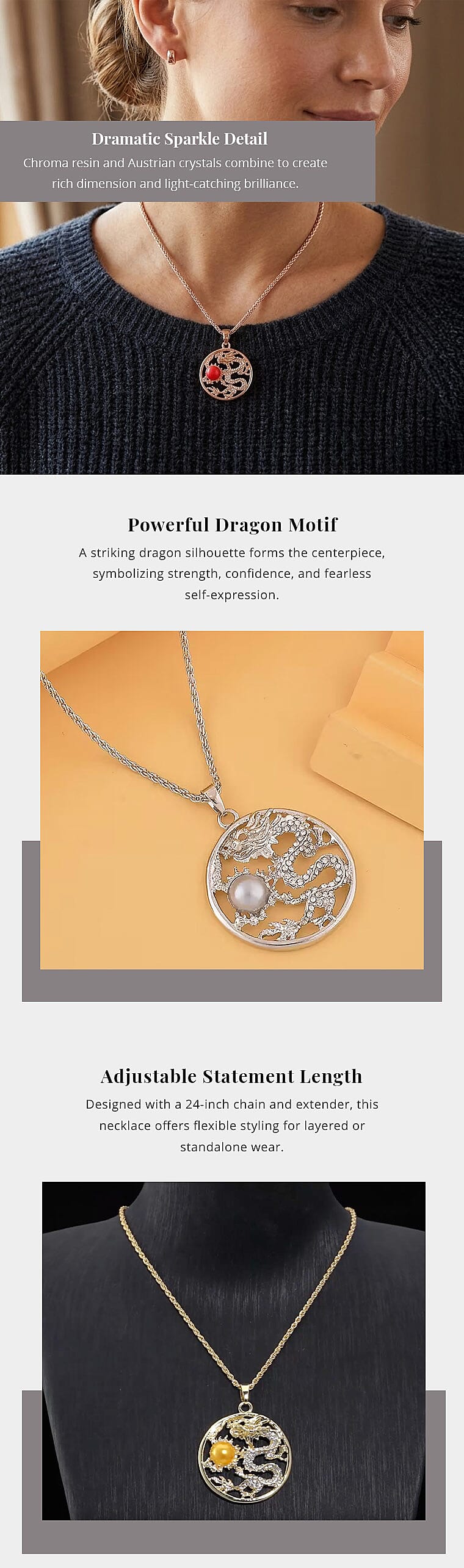 Red Chroma and Austrian Crystal Dragon Pendant Necklace in Rosetone 24-26 Inches Banner