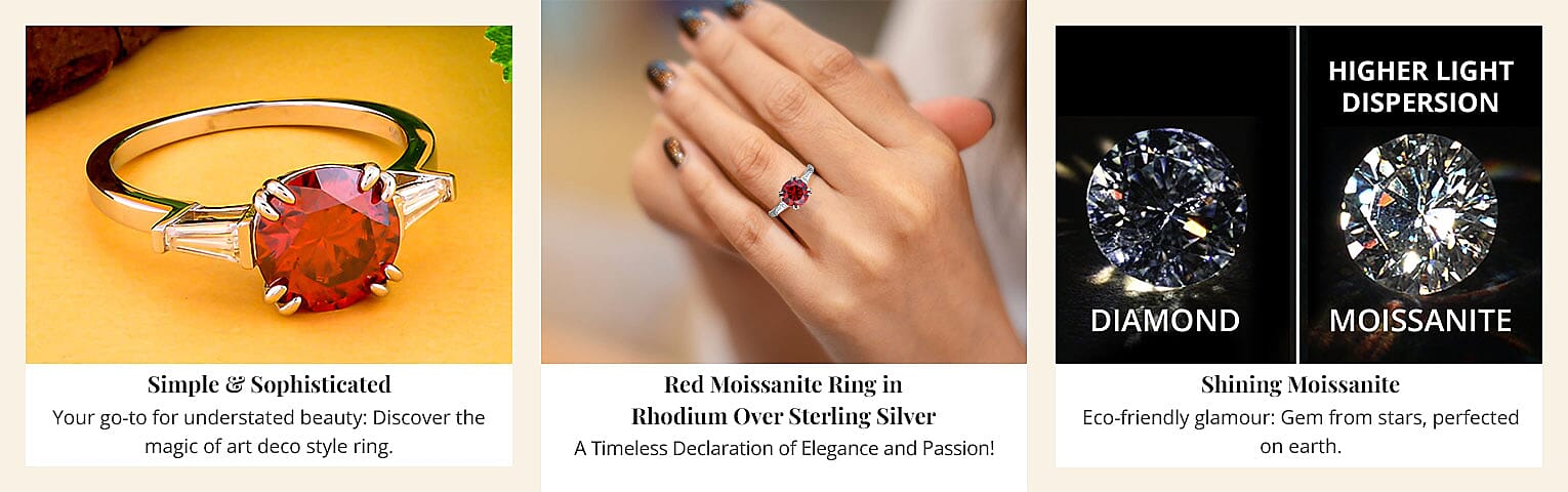 Red Moissanite Ring in Rhodium Over Sterling Silver Banner