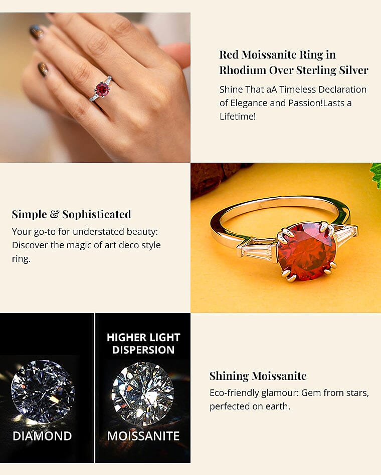 Red Moissanite Ring in Rhodium Over Sterling Silver Banner