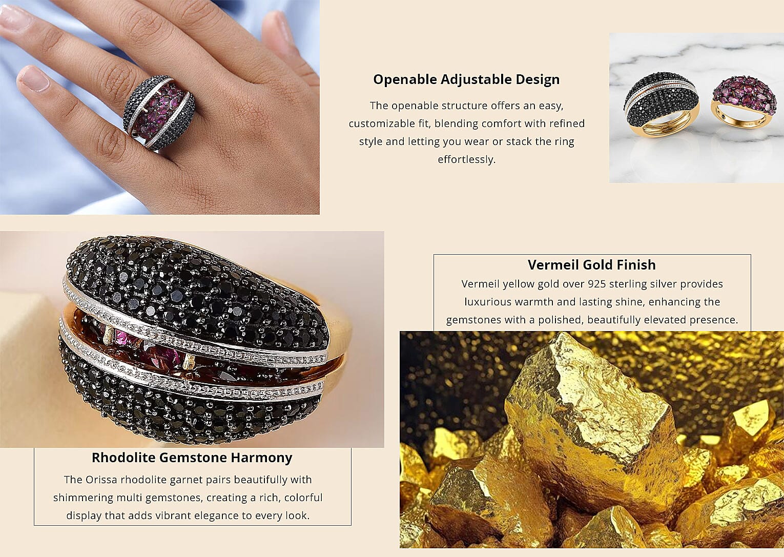 Orissa Rhodolite Garnet and Multi Gemstone 6.65 ctw Openable Ring in Vermeil Yellow Gold Over Sterling Silver Banner