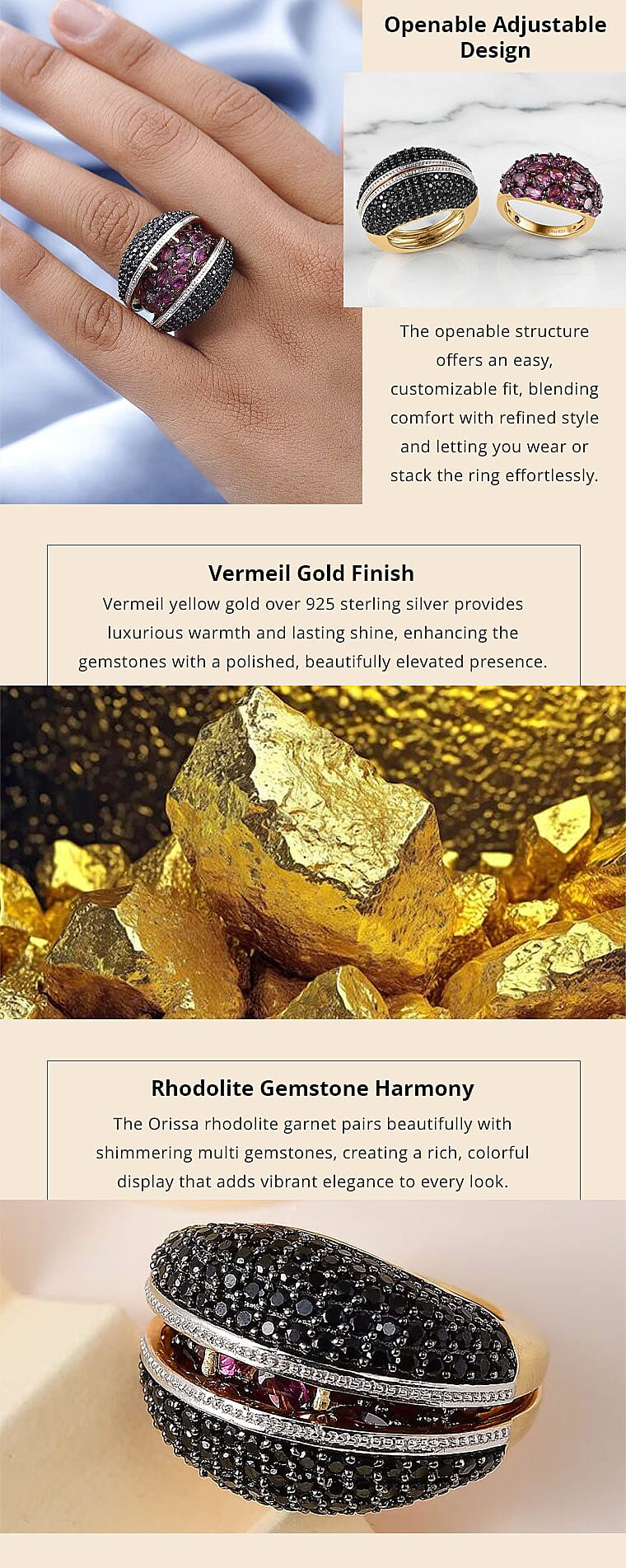 Orissa Rhodolite Garnet and Multi Gemstone 6.65 ctw Openable Ring in Vermeil Yellow Gold Over Sterling Silver Banner