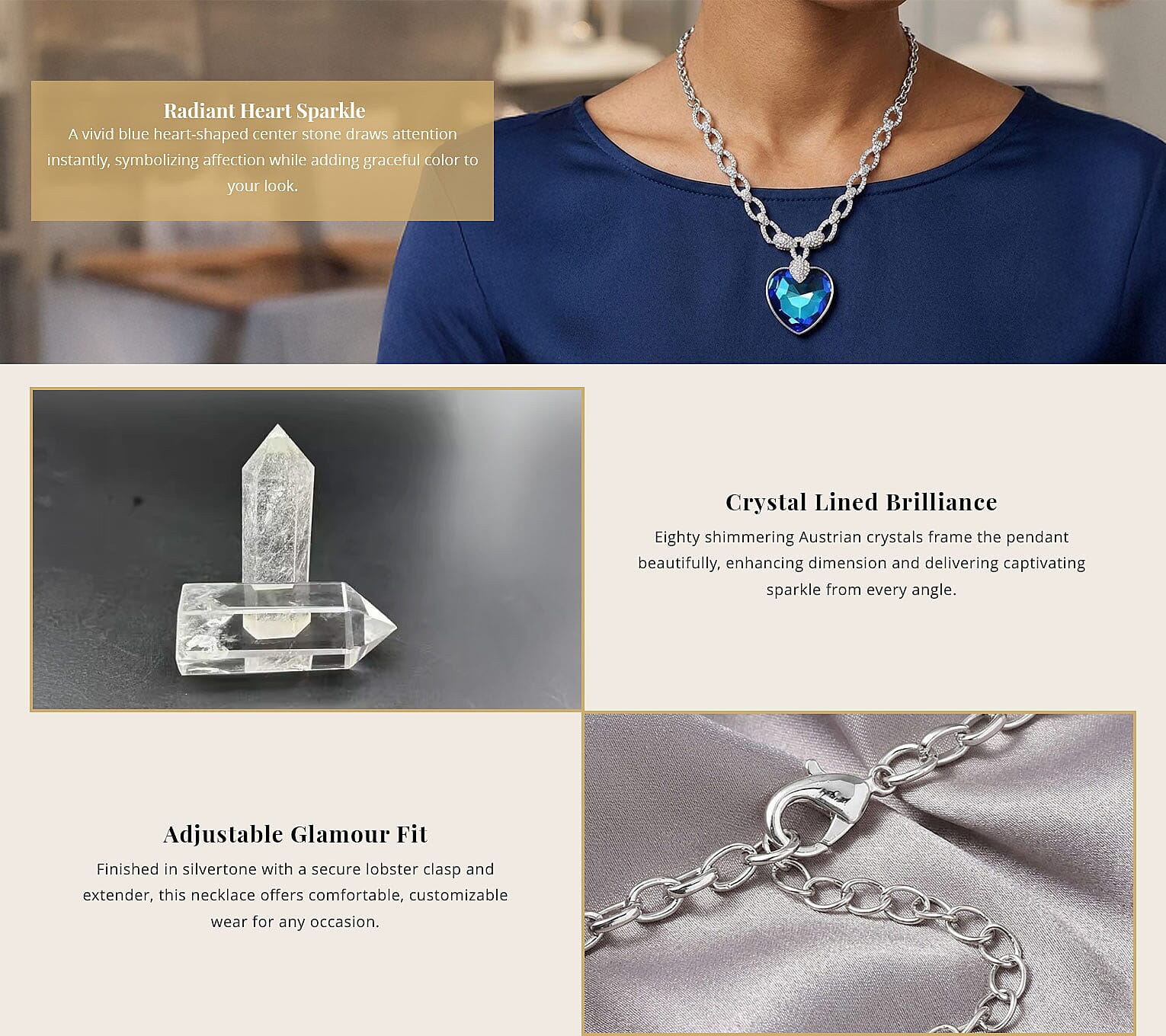 Simulated Blue Quartz and Mystic White Austrian Crystal Heart Necklace in Silvertone 20-22 Inches Banner