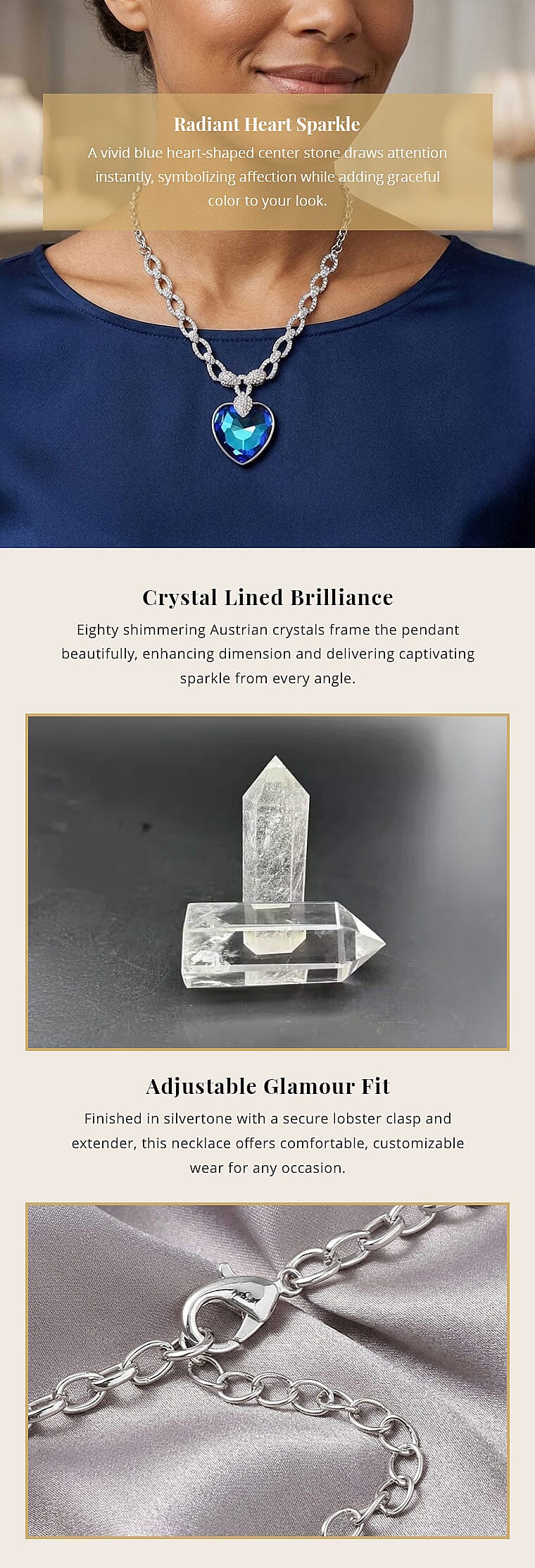 Simulated Blue Quartz and Mystic White Austrian Crystal Heart Necklace in Silvertone 20-22 Inches Banner