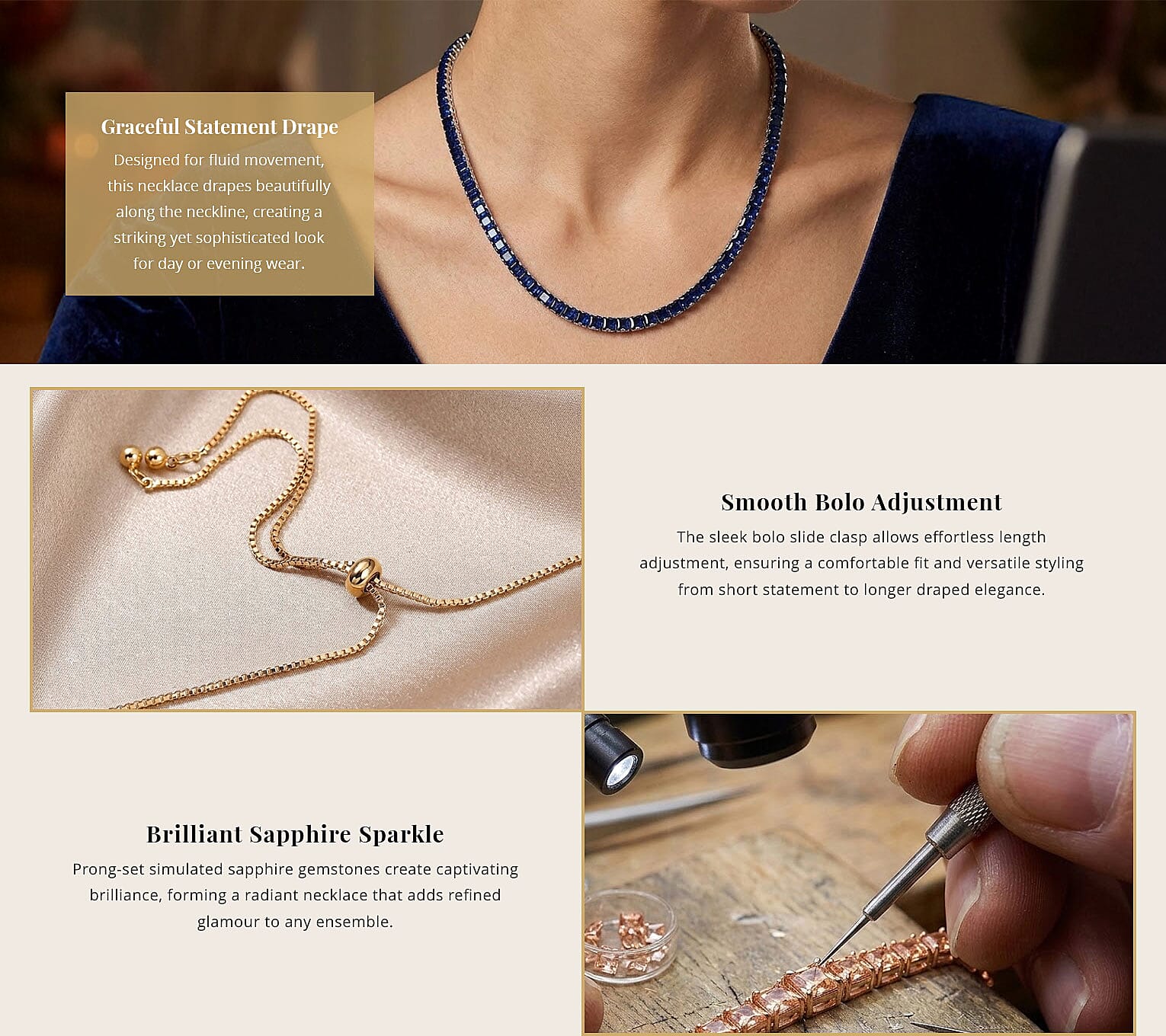 Simulated Blue Sapphire Bolo Necklace in Silvertone 16-28 Inches Banner