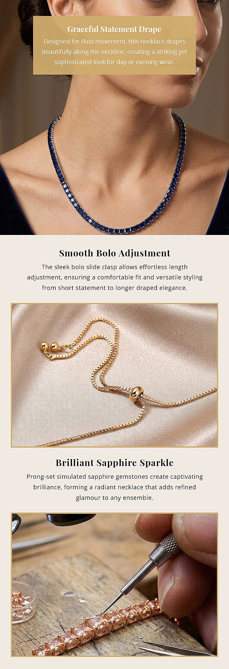 Simulated Blue Sapphire Bolo Necklace in Silvertone 16-28 Inches Banner