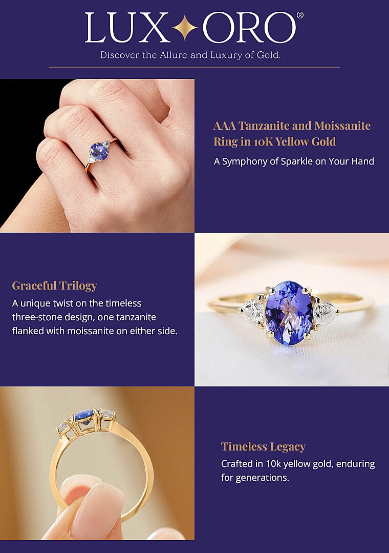 Luxoro AAA Tanzanite and Moissanite Ring in 10K Yellow Gold Banner
