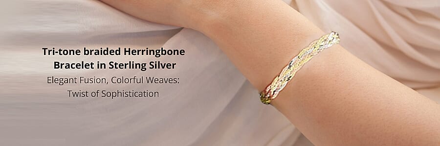 Tri-tone braided Herringbone Bracelet in Sterling Silver Banner