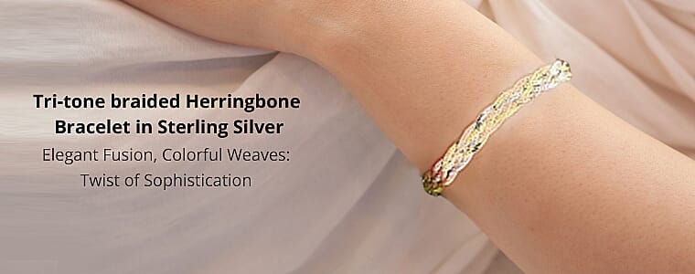 Tri-tone braided Herringbone Bracelet in Sterling Silver Banner
