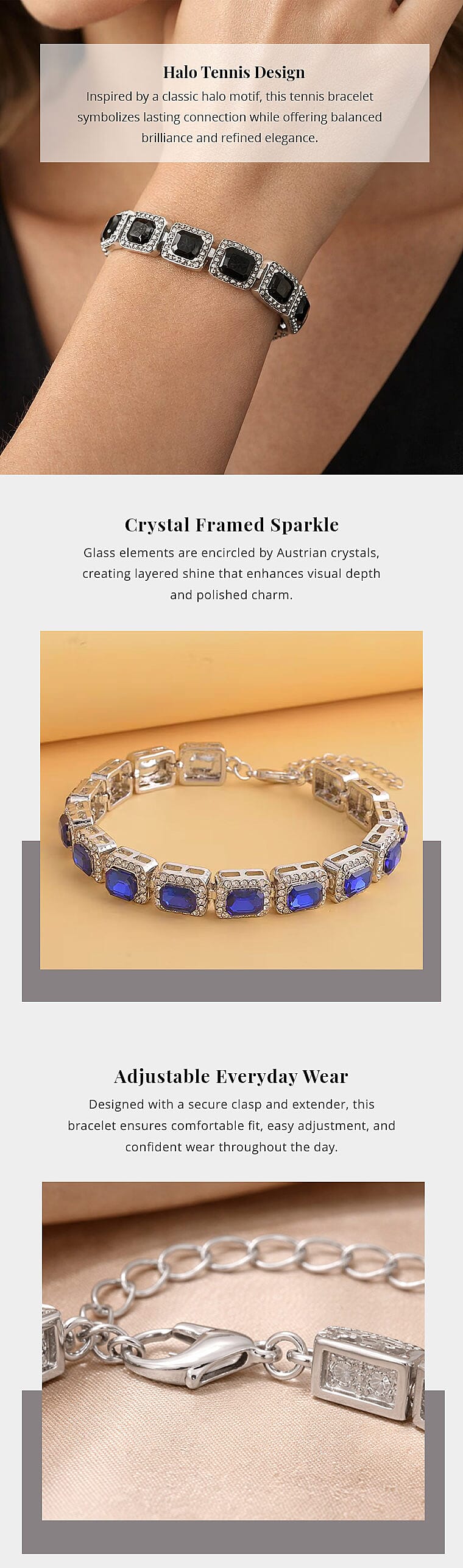 Black Glass and Austrian Crystal Tennis Bracelet in Silvertone (7-9In) Banner