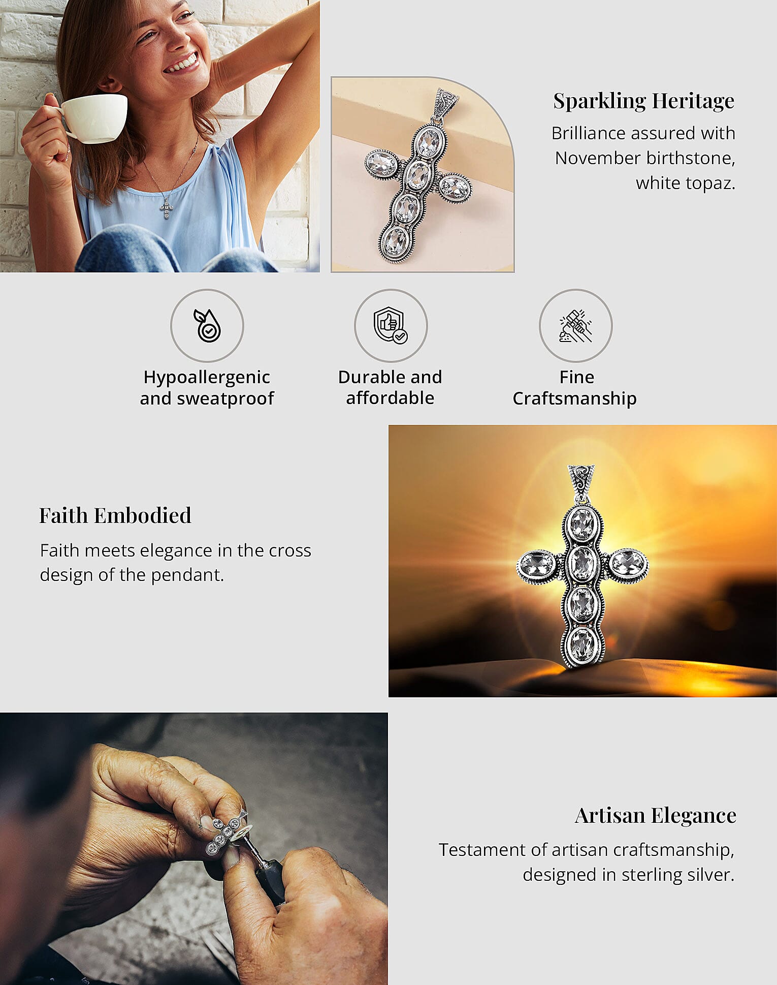 Artisan Crafted White Topaz Cross Pendant in Sterling Silver Banner