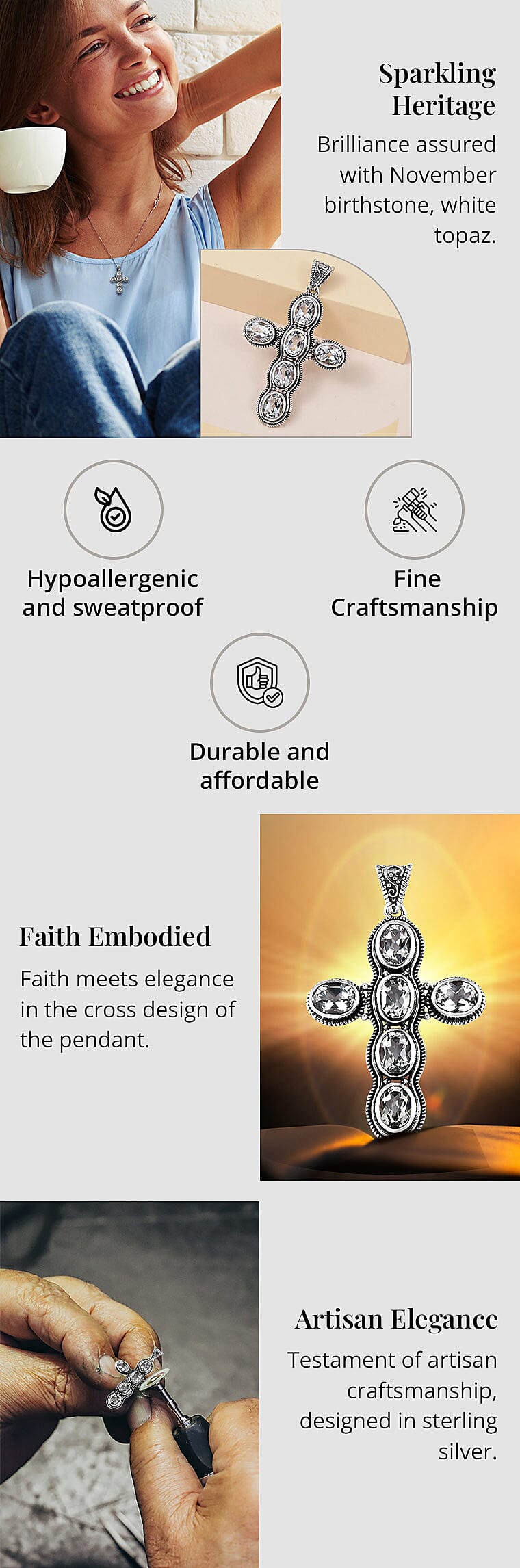 Artisan Crafted White Topaz Cross Pendant in Sterling Silver Banner