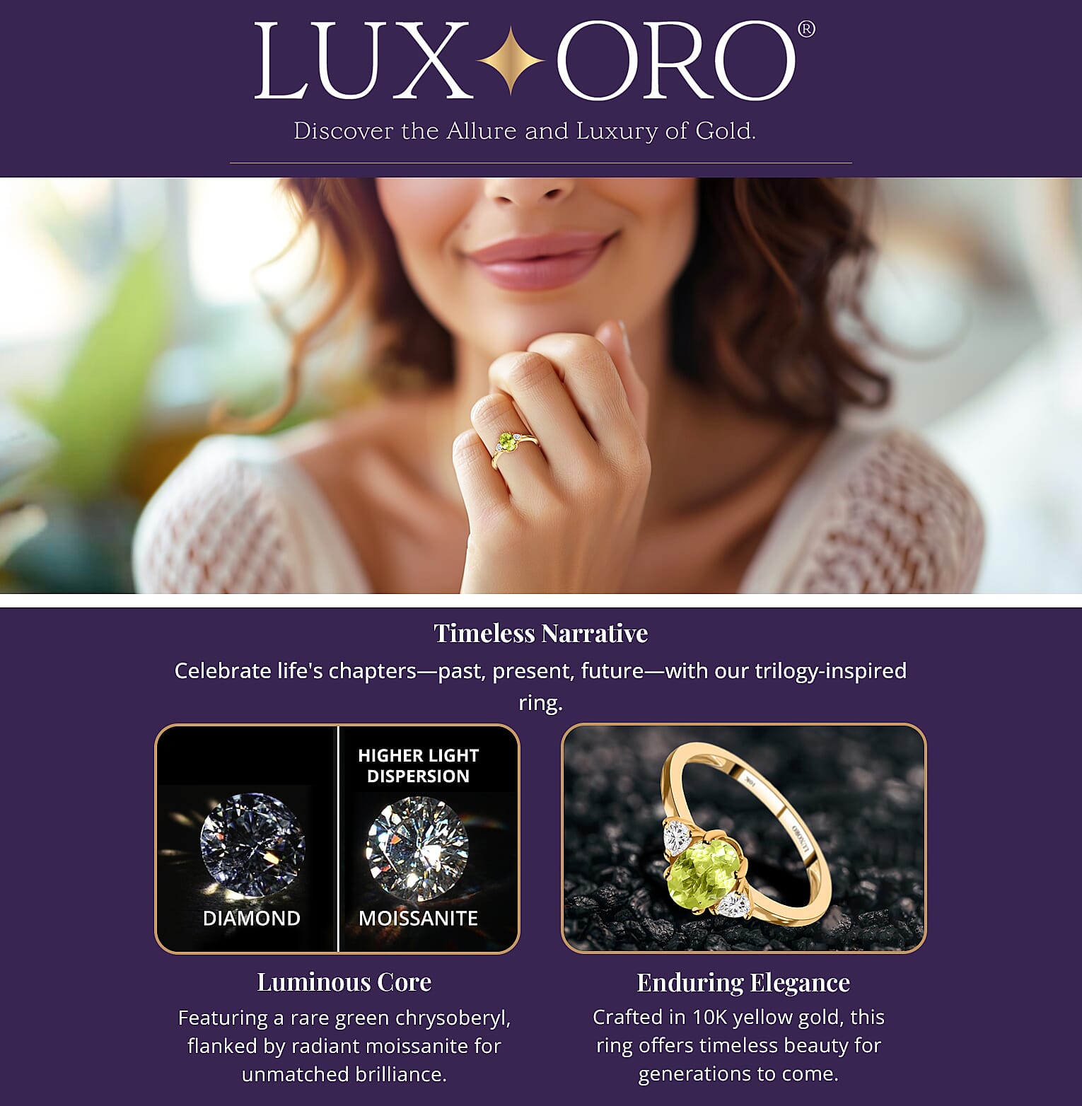 Luxoro 10K Yellow Gold Premium Natural Chrysoberyl and Moissanite Trilogy Ring Banner