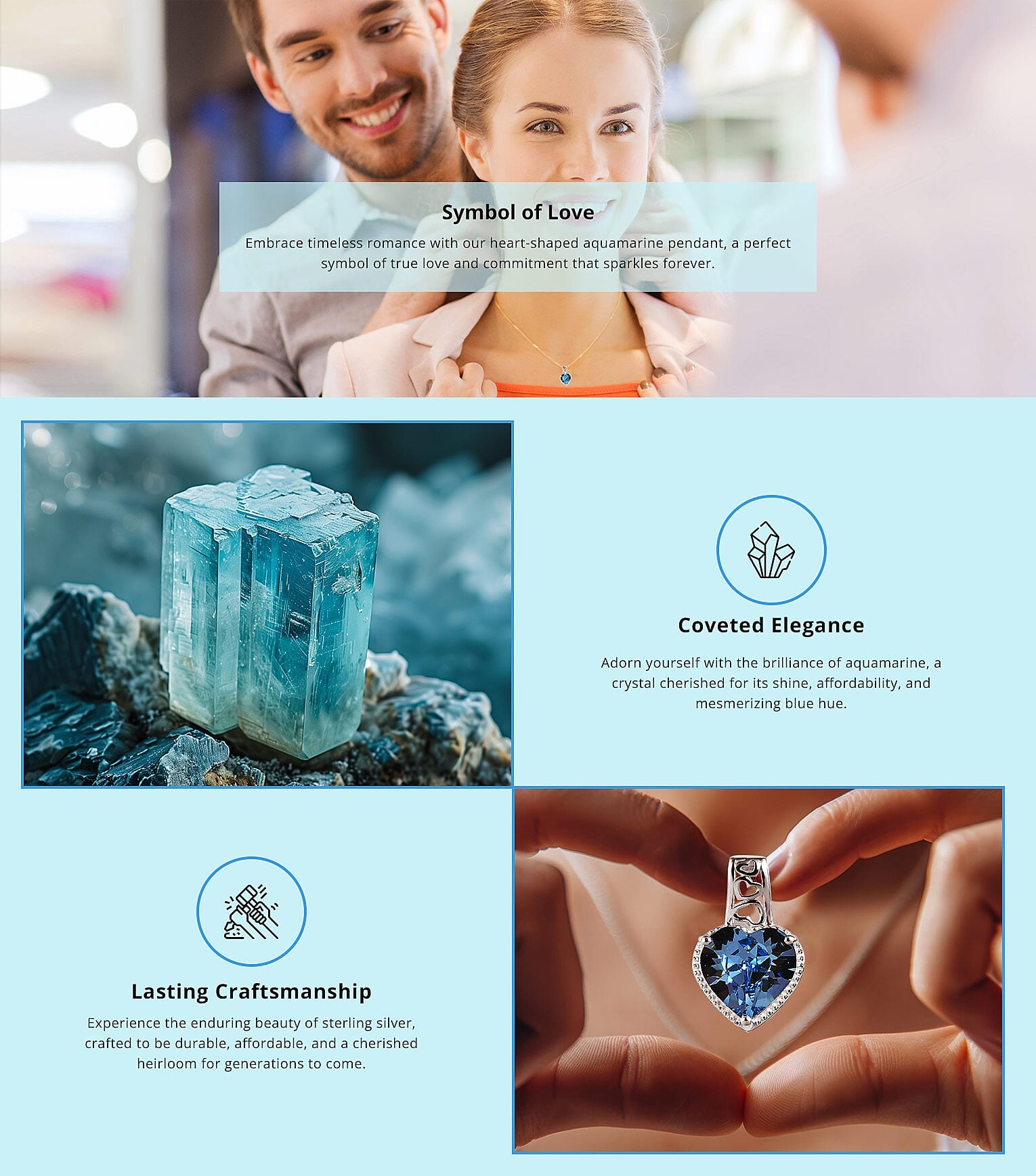 Aquamarine Color Crystal Heart Pendant in Sterling Silver Banner