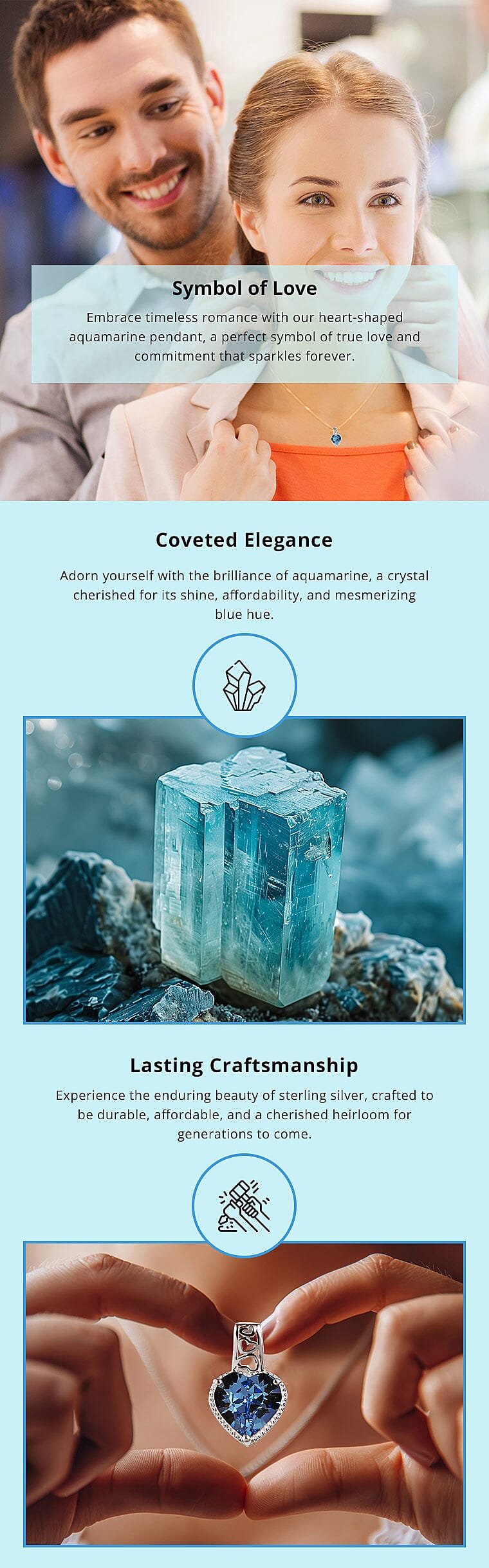 Aquamarine Color Crystal Heart Pendant in Sterling Silver Banner