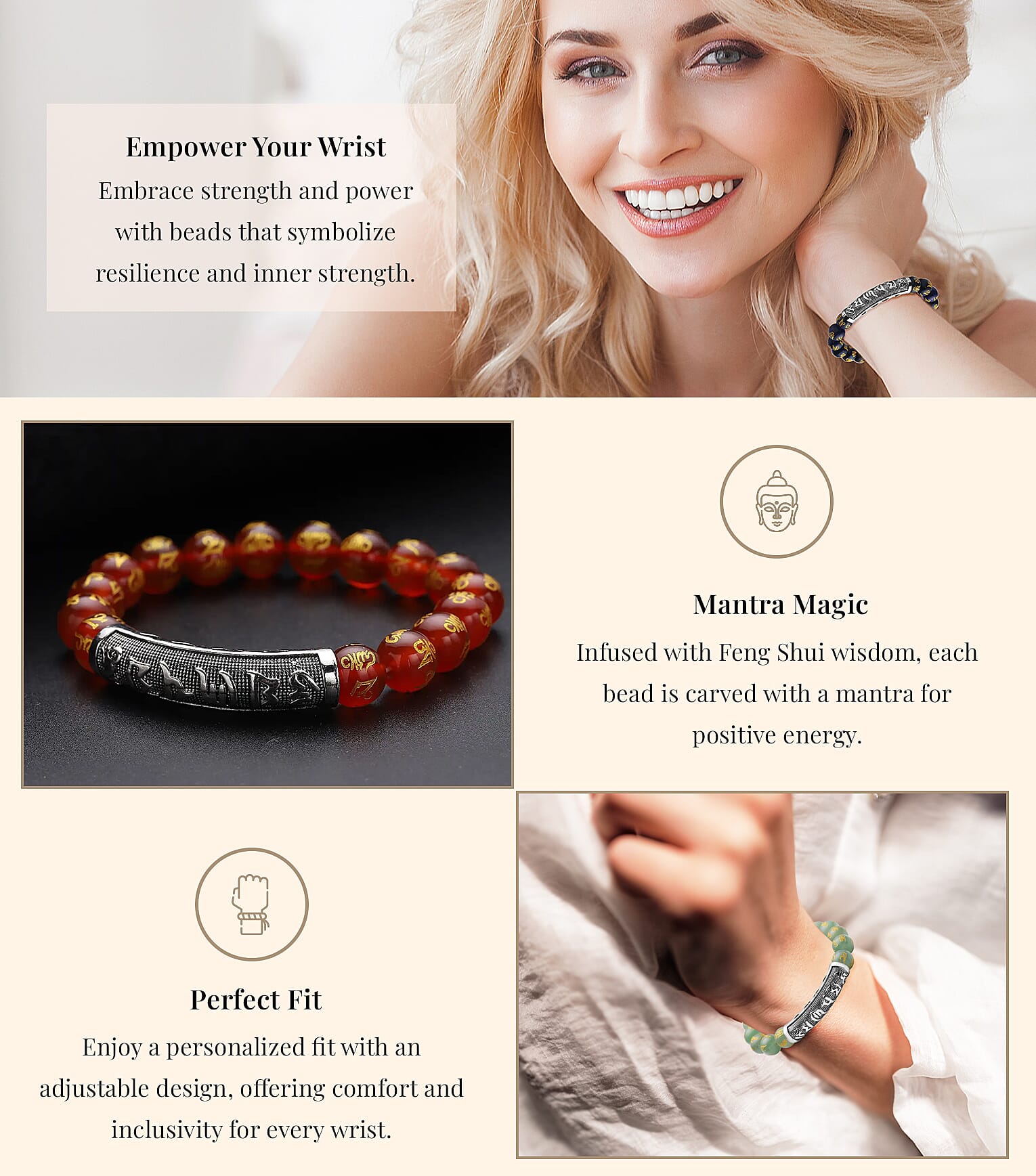 Feng Shui Mantra Lapis Lazuli Carved Beaded Stretch Bracelet in Silvertone Banner