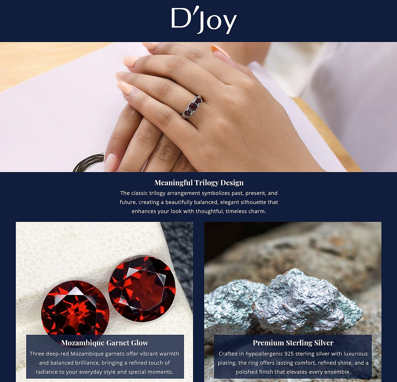 D'Joy Mozambique Garnet 1.50 ctw Trilogy Ring in Vermeil Yellow Gold and Platinum Over Sterling Silver Banner