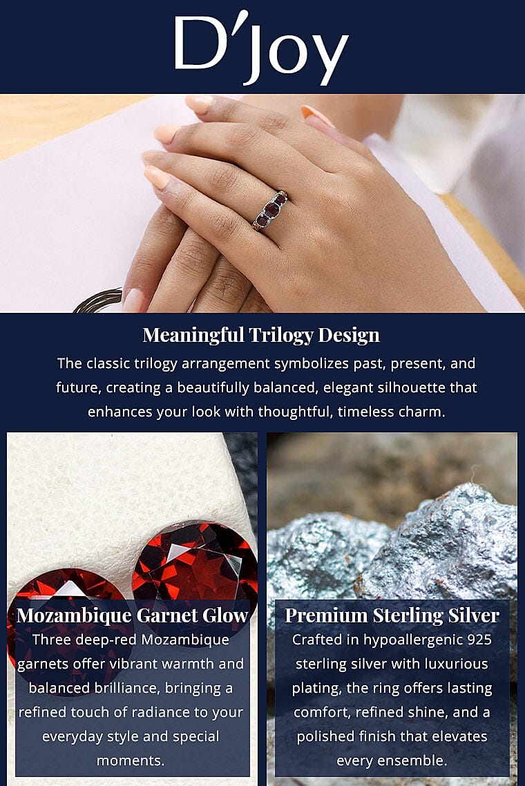 D'Joy Mozambique Garnet 1.50 ctw Trilogy Ring in Vermeil Yellow Gold and Platinum Over Sterling Silver Banner