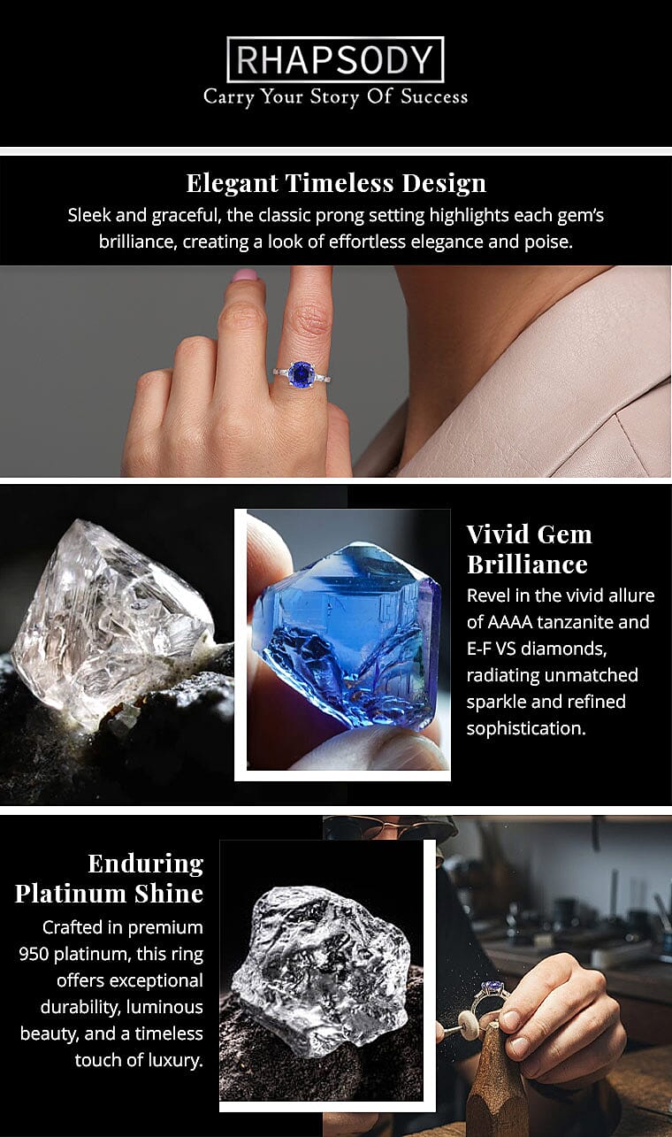 Rhapsody Certified And Appraised AAAA Tanzanite Ring, E-F VS Diamond Accent Ring, 950 Platinum Ring, Wedding Ring 4.50 Grams 2.20 ctw Banner