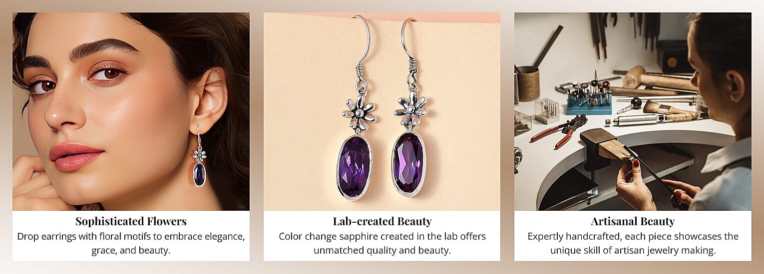 Artisan Crafted Lab Grown Color Change Sapphire Earrings in Sterling Silver Banner