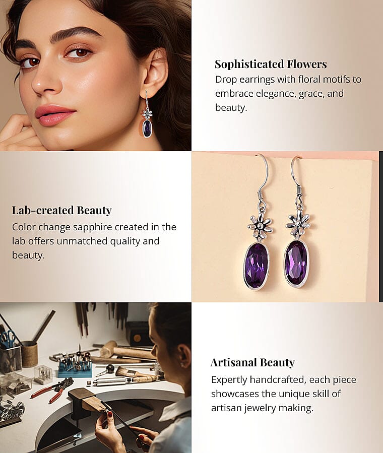 Artisan Crafted Lab Grown Color Change Sapphire Earrings in Sterling SilverBanner