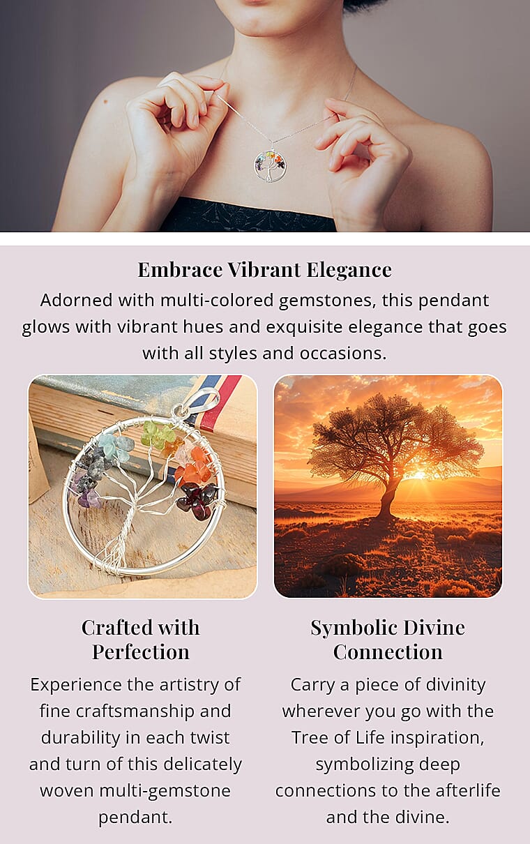 Multi Gemstone Tree of Life Pendant in Silvertone 22.80 ctwBanner