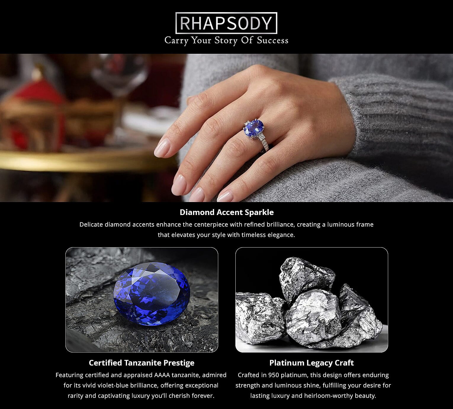 Rhapsody Certified and Appraised AAAA Tanzanite and E-F VS Diamond 4.35 ctw Accent Ring, 950 Platinum Ring, Tanzanite Jewelry For Her 5 Grams (Del. in 10-15 Days) Banner