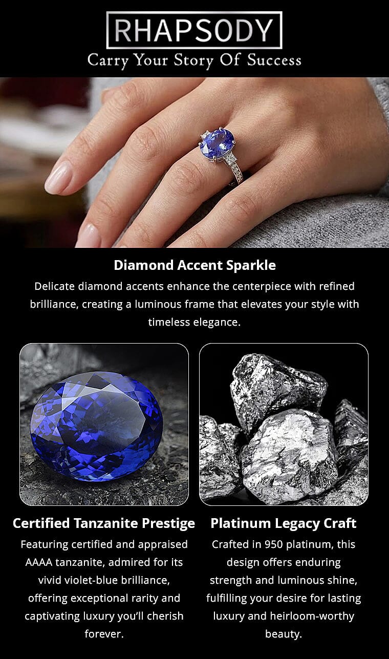 Rhapsody Certified and Appraised AAAA Tanzanite and E-F VS Diamond 4.35 ctw Accent Ring, 950 Platinum Ring, Tanzanite Jewelry For Her 5 Grams (Del. in 10-15 Days) Banner