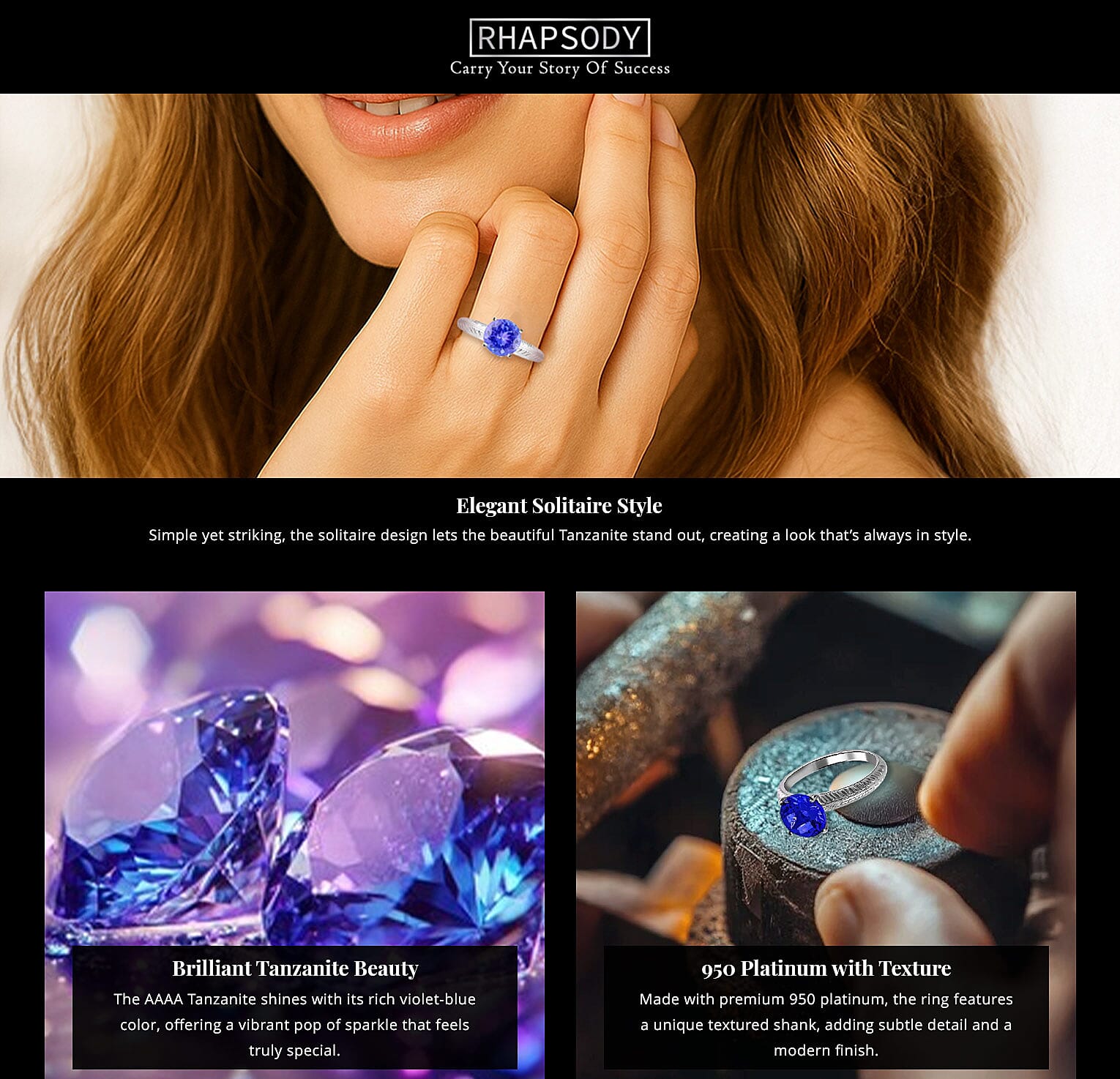 Rhapsody 950 Platinum AAAA Tanzanite Solitaire Ring 4.75 Grams Banner