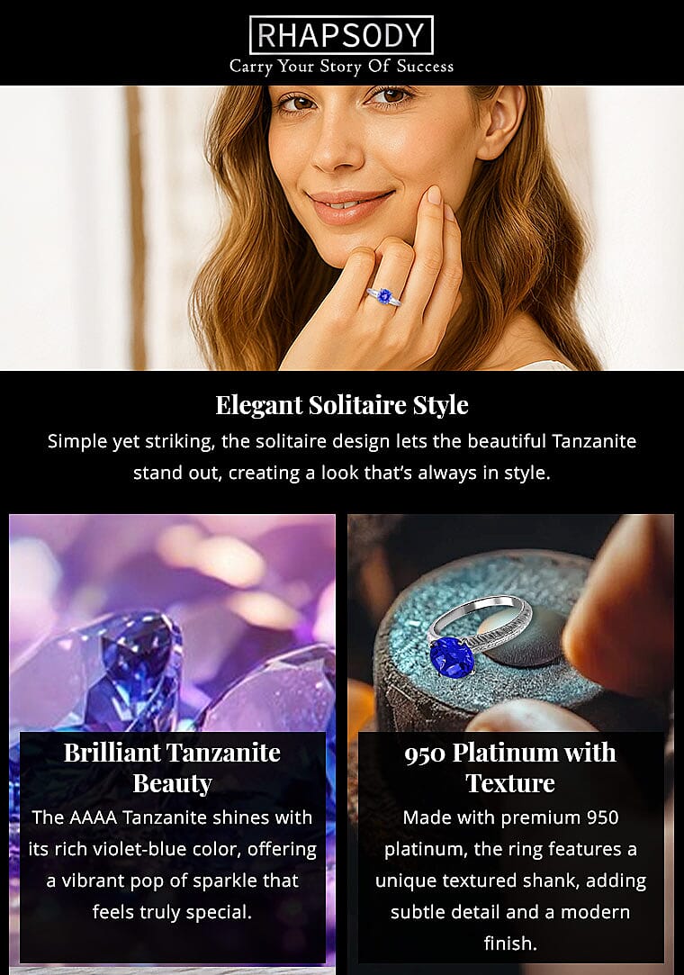 Rhapsody 950 Platinum AAAA Tanzanite Solitaire Ring 4.75 Grams Banner